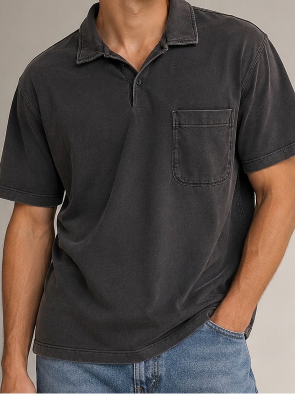 American Eagle Relaxed Fit Washed Charcoal Pocket Polo Shirt Men’s L